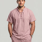 KZZ Men's summer linen stand-up collar short-sleeved shirt