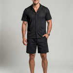 KZZ Men's Solid Color Hollow-Out Short-Sleeve Shirt and Shorts Set