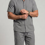 KZZ Men's Solid-Color Linen Shirt and Shorts Set