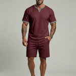 KZZ Men's Business Casual Sport Solid Color V-Neck Short Sleeve Shorts Set