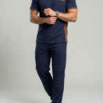 KZZ Men's Business Casual Color-Block Waffle-Knit V-Neck Short-Sleeve Shirt and Trousers Set