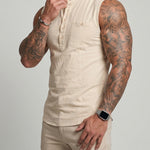 KZZ Men's Sleeveless Slim-Fit Casual Linen-Blend Shirt