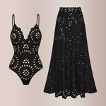 Black Laser Cutting Flower Hollow One Piece Swimsuit and Skirt