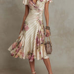 Elegant vintage floral satin midi dress