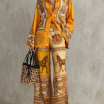 Orange Baroque Print Long Sleeve Shirt & Wide Leg Pants Two-Piece Set
