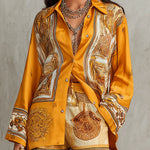 Orange Baroque Print Long Sleeve Shirt & Wide Leg Pants Two-Piece Set