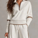 White Half-zip Collar Ribbed Sweatshirt And Color-blocked Wide-leg Pants Suit