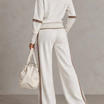 White Half-zip Collar Ribbed Sweatshirt And Color-blocked Wide-leg Pants Suit