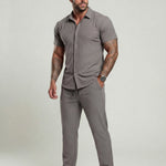 KZZ Men's Two-piece Suit Shirt and Elastic Waist Pants Set