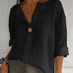 Linen Blouse with V-Neck and Roll Tab Sleeves