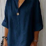 Linen Blouse with V-Neck and Roll Tab Sleeves