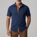 KZZ Men's Casual Contrast Placket Single Breasted Short Sleeve Shirt