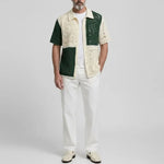 KZZ Men's Fashion Colorblock Crochet Knit Hollow Out Short Sleeve Cardigan