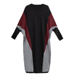 Women's Contrast Panel Loose Batwing Sleeve V Neck Knitted Dress