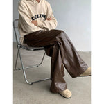 Vintage PU Leather Straight Wide-leg Casual Pants