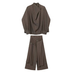 Asymmetric Long-sleeved Shirt and Wide-leg Pants Two-piece Set