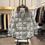 Color-blocked Lapel Zip-up Down Jacket
