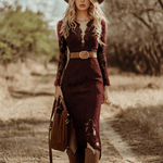 Vintage Bohemian Blue Lace Long Sleeve Midi Dress