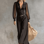 Vintage Western Front Button V-Neck Transparent Long Sleeve Black Denim Maxi Dress