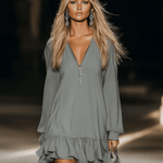 Casual Loose Fashion Zipper V-neck Long Sleeve Lotus Leaf Hem Gray Mini Dress