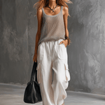 Vacation Retro Gray Mesh Knit Vest And White Cotton Linen Work Pants Set