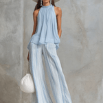 Vacation Light Blue Chiffon Sleeveless Top And Striped Wide-leg Pants Set