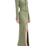 Elegant Green Long Sleeves Split Jacket & Skirt Set