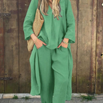 Linen Irregular Loose V-neck Top and High-Waisted Pocket Wide-leg Pants Set