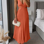 V Neck Cut Out Waist Sleeveless Pleated Maxi Dress