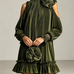Elegant Olive Green Pleated Mini Dress with High Neck, Ruffle Hem & Rose Detail