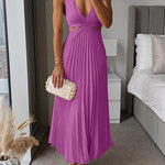 V Neck Cut Out Waist Sleeveless Pleated Maxi Dress