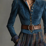 Retro Ethnic Style Blue Faux Suede Plaid Maxi Dress(Includes belt)