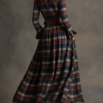 Retro plaid lapel long-sleeved maxi dress (including belt)