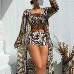 Women's Rectangular Printed Two-Piece Swimsuit and Cover-Up Three-Piece Set
