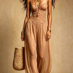 Black Lace and Chiffon Spaghetti-Strap Harem Jumpsuit