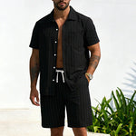 KZZ Men's Summer Striped Linen Shirt and Straight-Leg Shorts Set