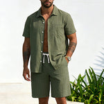 KZZ Men's Summer Striped Linen Shirt and Straight-Leg Shorts Set