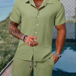 KZZ Men's Textured Crinkle Camping Shirt & Shorts Set