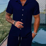 KZZ Men's Textured Crinkle Camping Shirt & Shorts Set