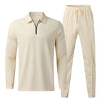 KZZ Men's solid color checkered casual suit, including long sleeved collar shirt and drawstring pants