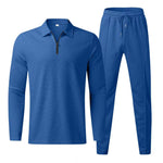 KZZ Men's solid color checkered casual suit, including long sleeved collar shirt and drawstring pants
