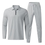 KZZ Men's solid color checkered casual suit, including long sleeved collar shirt and drawstring pants