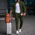 KZZ Men's Solid Zip Up Pocket Jacket & Drawstring Waist Pants Sportswear Set