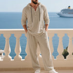 KZZ Men's Trendy Linen Hooded Two-Piece Set, Loose Fit Breathable Fabric, Hoodie & Wide-Leg Pants