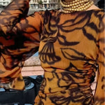 Brown long printed dress with wide sleeves