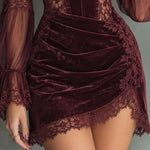 Burgundy Velvet Lace Sheer Flare Sleeve Corset Sexy Mini Dress