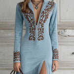 Western Half-Zip Embroidered Faux Suede Fringe Maxi Dress