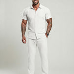 KZZ Men's Two-piece Suit Shirt and Elastic Waist Pants Set