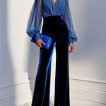 Blue mesh V-neck long-sleeved velvet jumpsuit