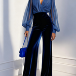 Blue mesh V-neck long-sleeved velvet jumpsuit